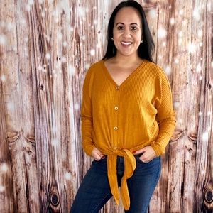 New Oversized Waffle Long Sleeve Top Mustard